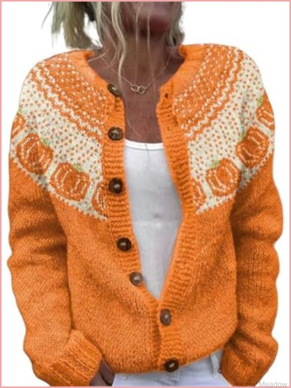 Women's Crew Neck Long Sleeve Button Knit Cardigan Sweater Fall Autumn Leaves